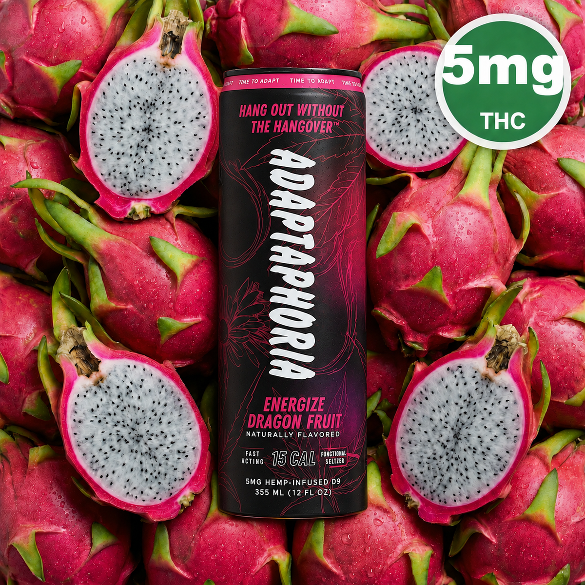 Adaptaphoria Energize Dragon Fruit 5mg THC functional seltzer can on a bed of dragon fruit