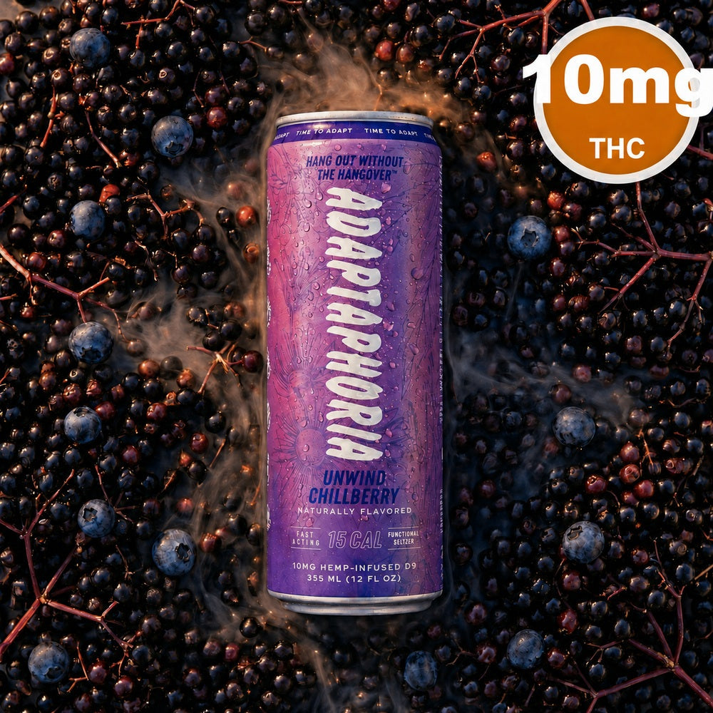 Adaptaphoria Unwind Chillberry 10mg THC functional seltzer can on a bed of elderberries