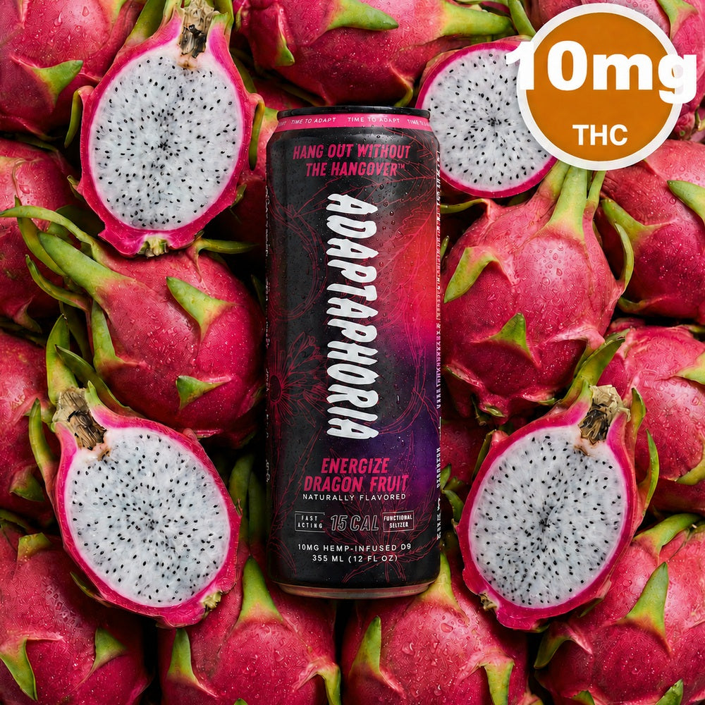 Adaptaphoria Energize Dragon Fruit 10mg THC functional seltzer can on a bed of dragon fruit