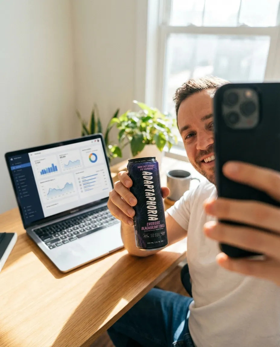 Jordan C. holding Adaptaphoria Blackberry Cola