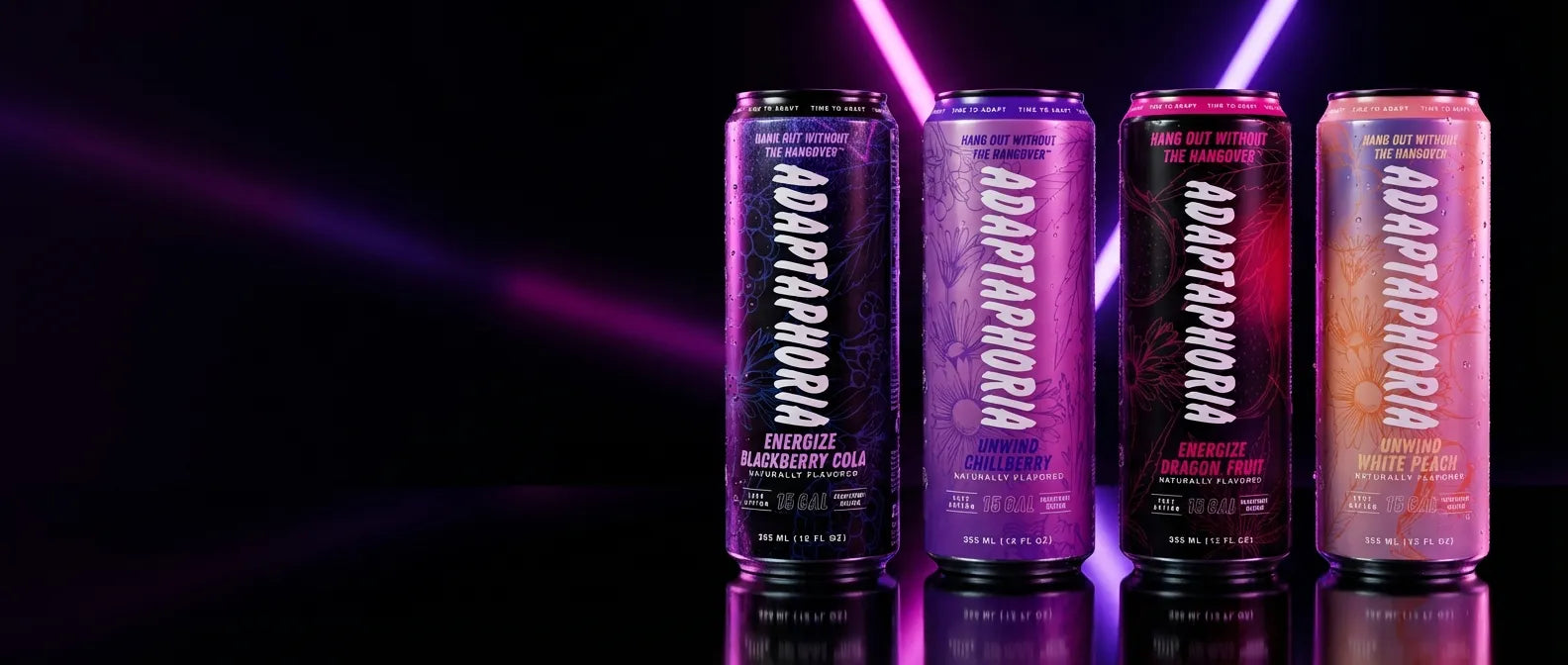 Adaptaphoria Energize and Unwind cans on a dark premium background