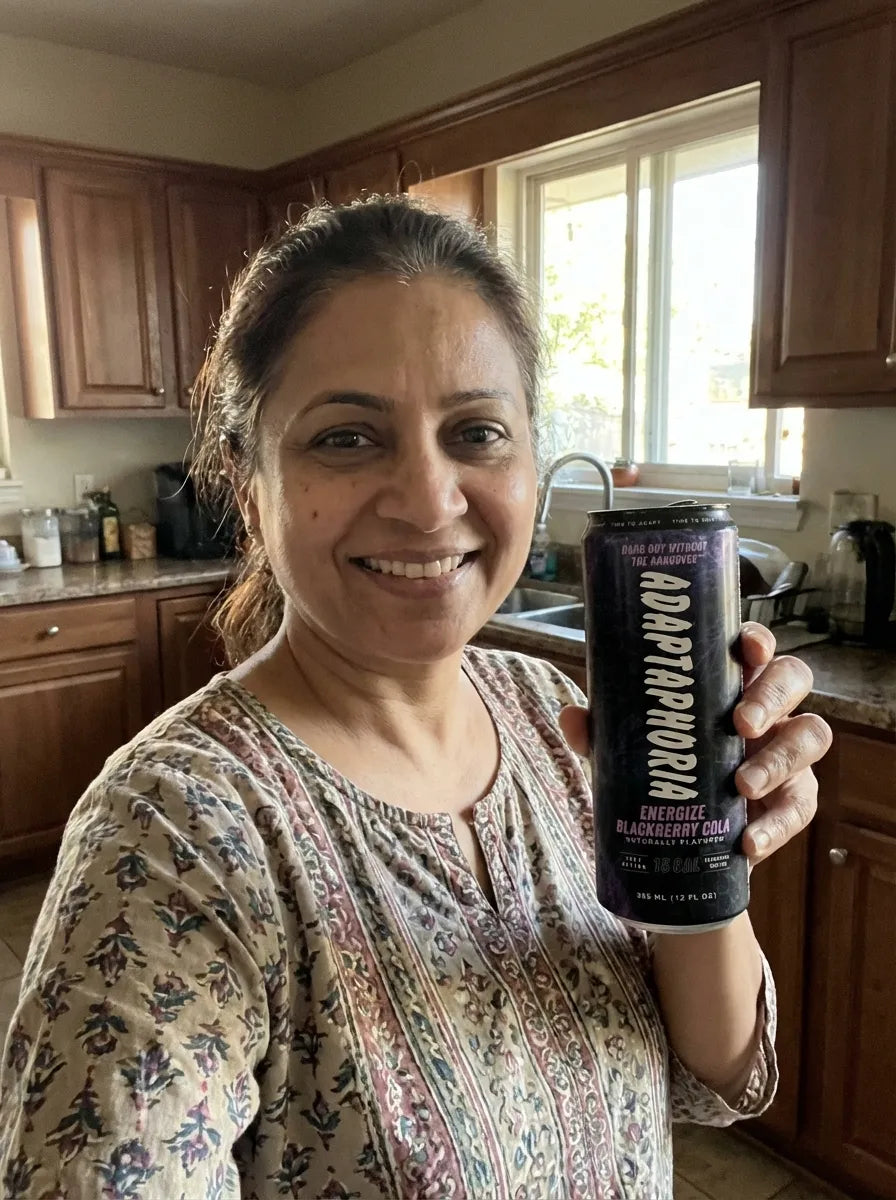 Priya K. holding Adaptaphoria Blackberry Cola