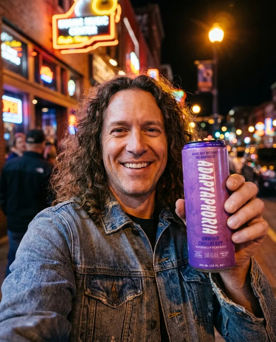 J.R. holding Adaptaphoria Blackberry Cola